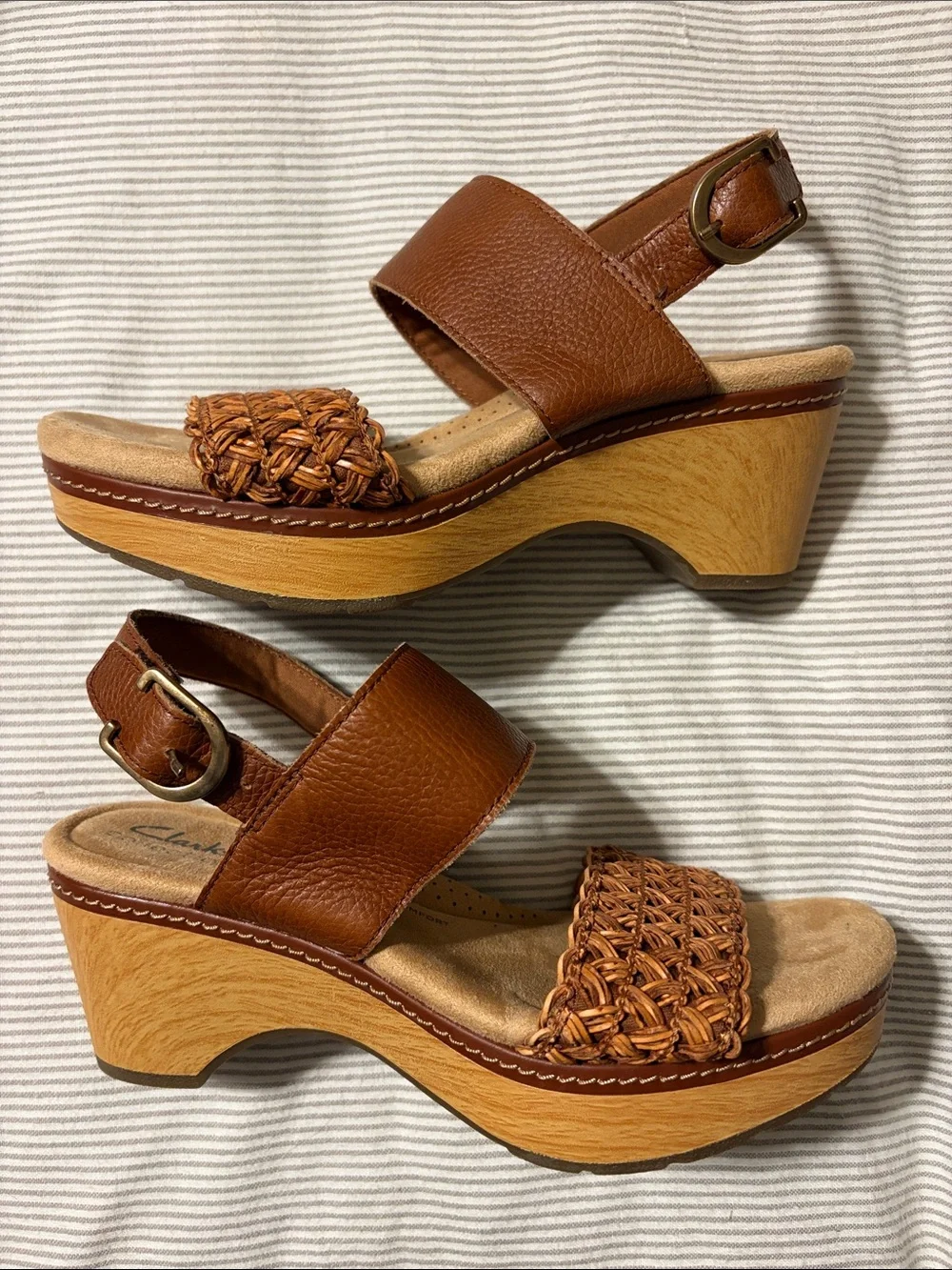 Clarks Collection Seannah Step Woven Leather Platform Wedge Sandals Clog